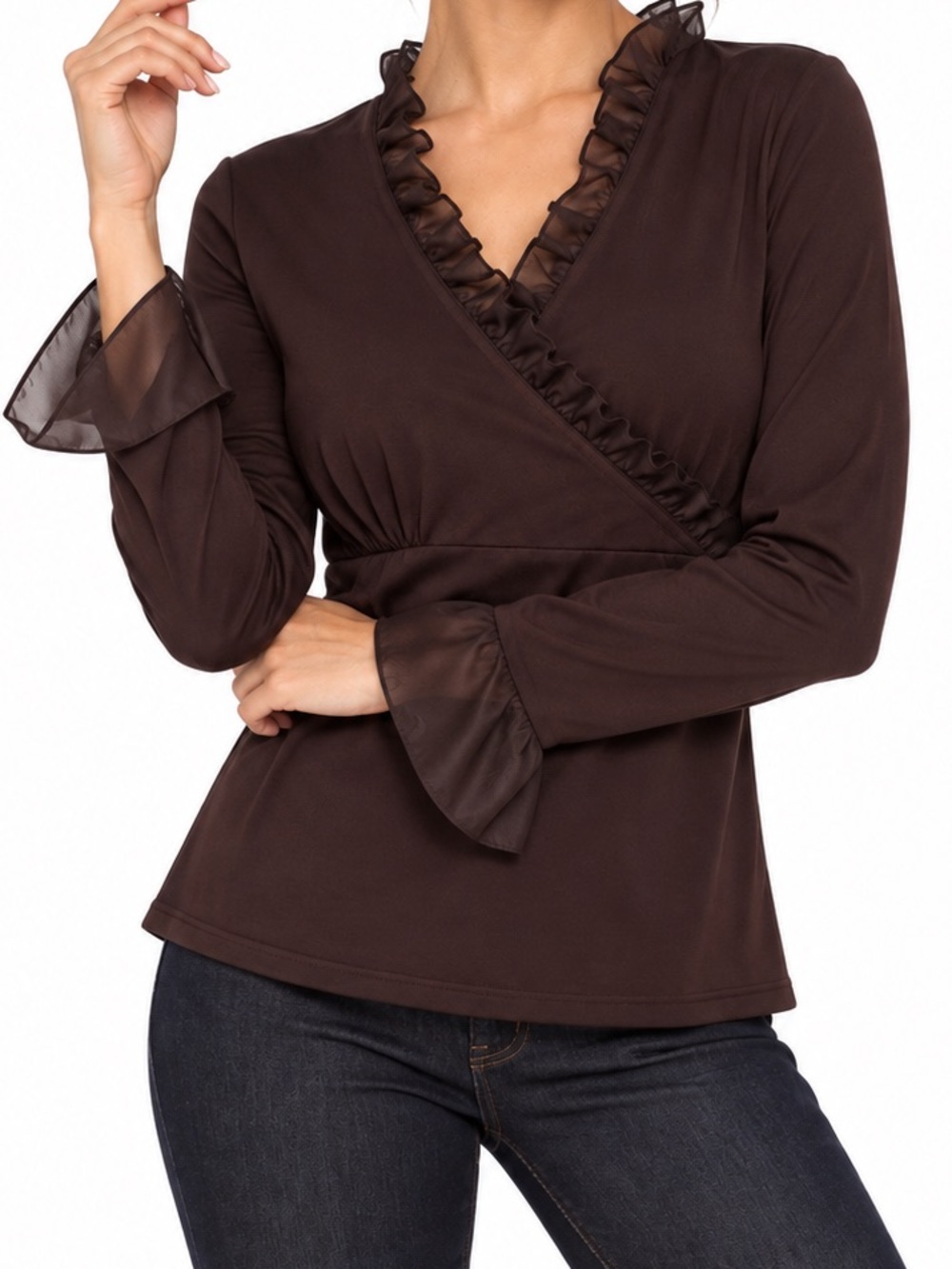 CENTRAL FALLS Cotton Ruffled V-Neck Wrap Blouse Chocolate Brown Top — #LHP